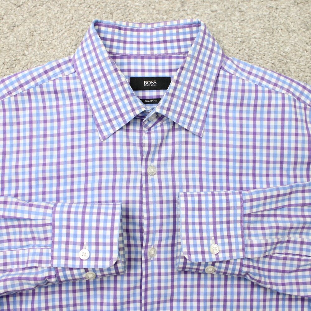 BOSS Hugo Boss Shirt Mens 15 1/2, 32/33 Purple/Blue Plaid Sharp Fit Long Sleeve